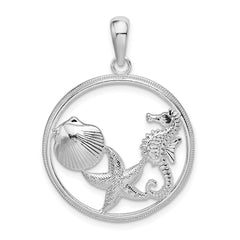 De-Ani Sterling Silver Rhodium-plated Polished Sea Life Round Pendant QC9821