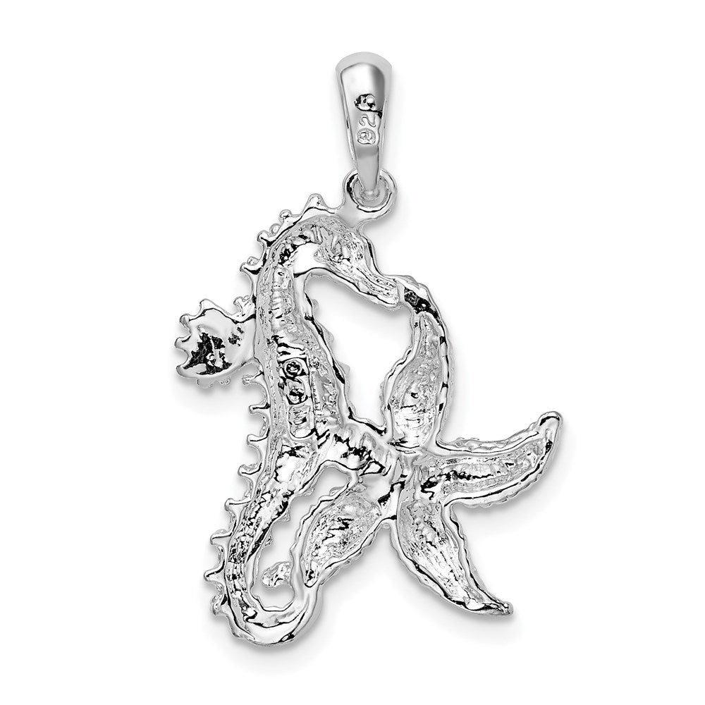 De-Ani Sterling Silver Rhodium-Plated Polished Starfish and Seahorse Pendant QC9841