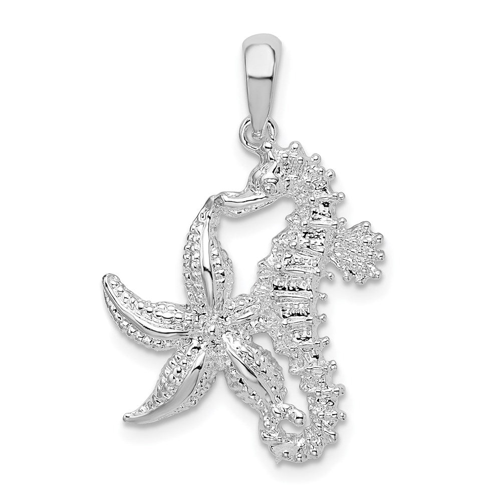 De-Ani Sterling Silver Rhodium-Plated Polished Starfish and Seahorse Pendant QC9841