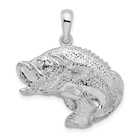 De-Ani Sterling Silver Rhodium-Plated Polished Jumping Bass Fish Pendant QC9857