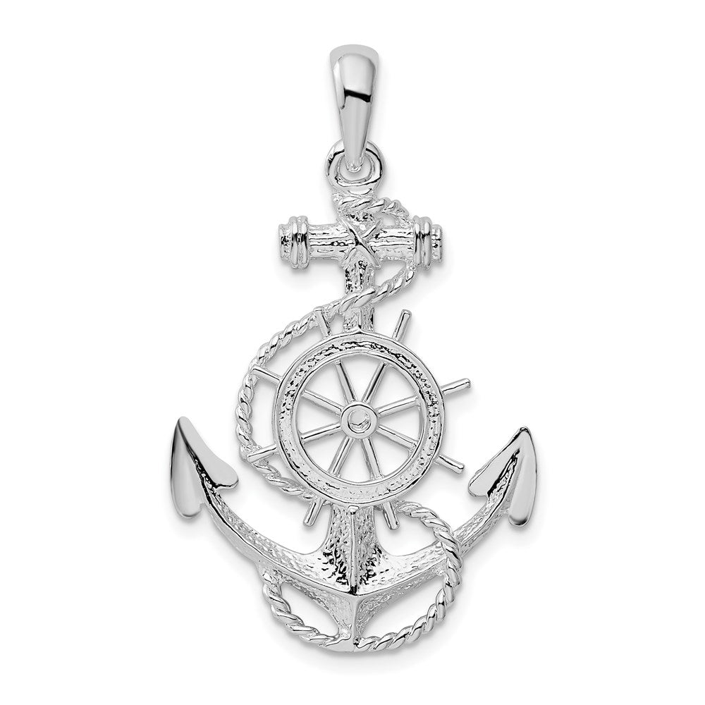 De-Ani Sterling Silver Rhodium-Plated Polished Anchor with Ships Wheel Pendant QC9874