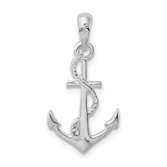 De-Ani Sterling Silver Rhodium-Plated Polished and Textured 3D Anchor with Rope Pendant QC9878