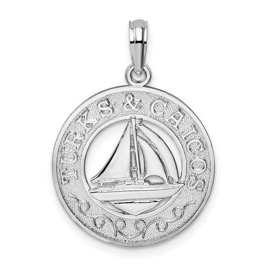 De-Ani Sterling Silver Rhodium-Plated Textured Turks and Caicos with Sailboat Pendant QC9892
