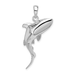 De-Ani Sterling Silver Rhodium-Plated Polished 3D Swimming Shark Pendant QC9968