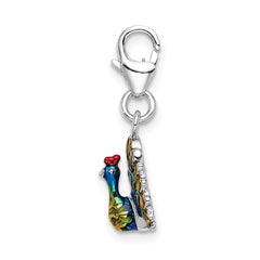 Amore La Vita Sterling Silver Rhodium-plated Polished 3-D Enameled Peacock Charm with Fancy Lobster Clasp QCC1016