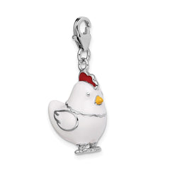 Amore La Vita Sterling Silver Rhodium-plated Polished 3-D Enameled Chicken Charm with Fancy Lobster Clasp QCC1034