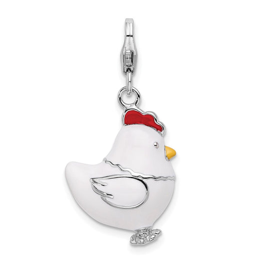Amore La Vita Sterling Silver Rhodium-plated Polished 3-D Enameled Chicken Charm with Fancy Lobster Clasp QCC1034