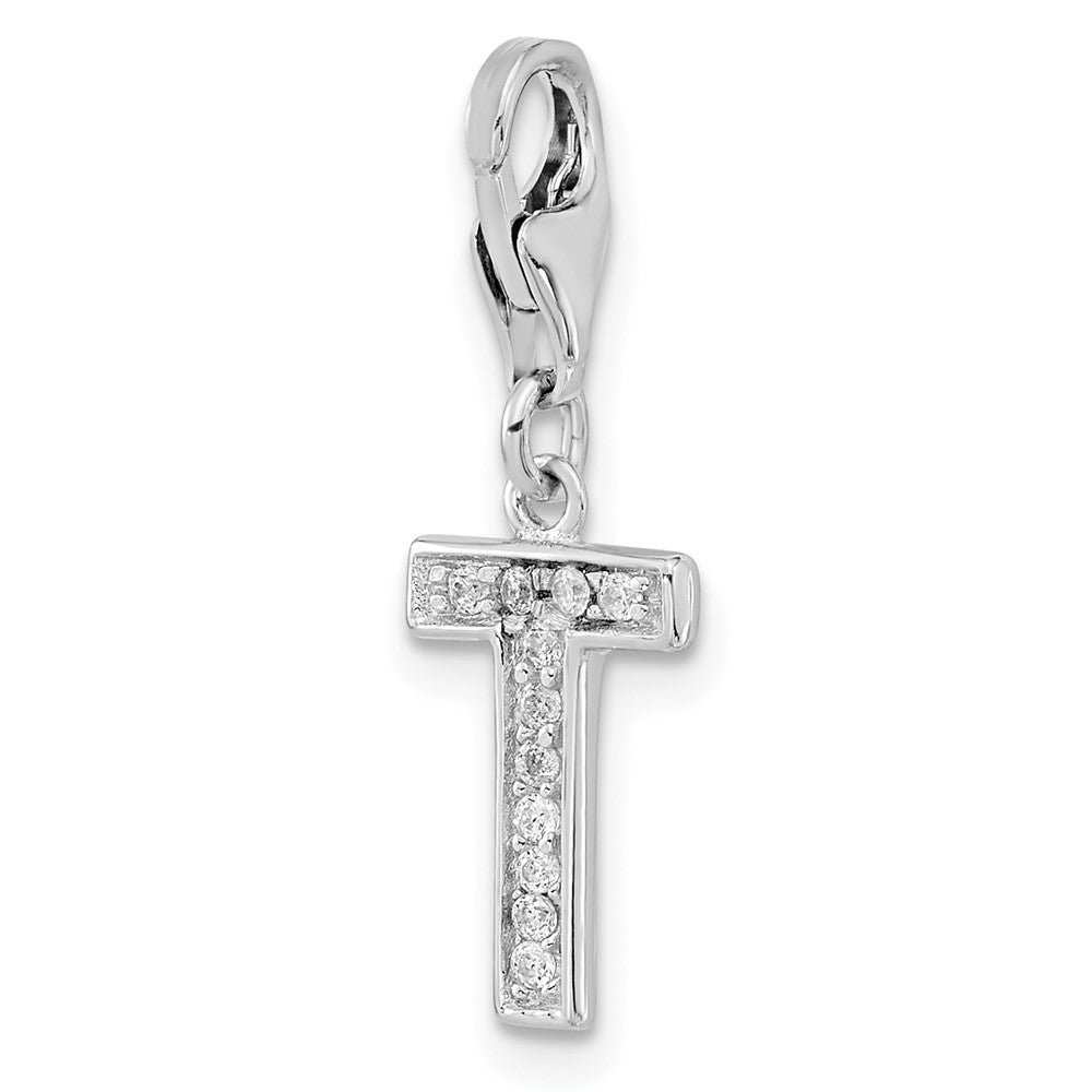 Amore La Vita Sterling Silver Rhodium-plated Polished CZ Letter T Initial Charm with Fancy Lobster Clasp QCC105T