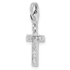 Amore La Vita Sterling Silver Rhodium-plated Polished CZ Letter T Initial Charm with Fancy Lobster Clasp QCC105T