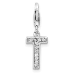 Amore La Vita Sterling Silver Rhodium-plated Polished CZ Letter T Initial Charm with Fancy Lobster Clasp QCC105T