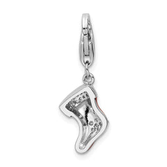 Amore La Vita Sterling Silver Rhodium-plated Polished CZ Enameled Christmas Stocking Charm with Fancy Lobster Clasp QCC1254