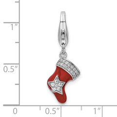 Amore La Vita Sterling Silver Rhodium-plated Polished CZ Enameled Christmas Stocking Charm with Fancy Lobster Clasp QCC1254