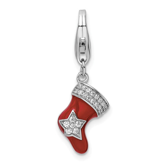Amore La Vita Sterling Silver Rhodium-plated Polished CZ Enameled Christmas Stocking Charm with Fancy Lobster Clasp QCC1254