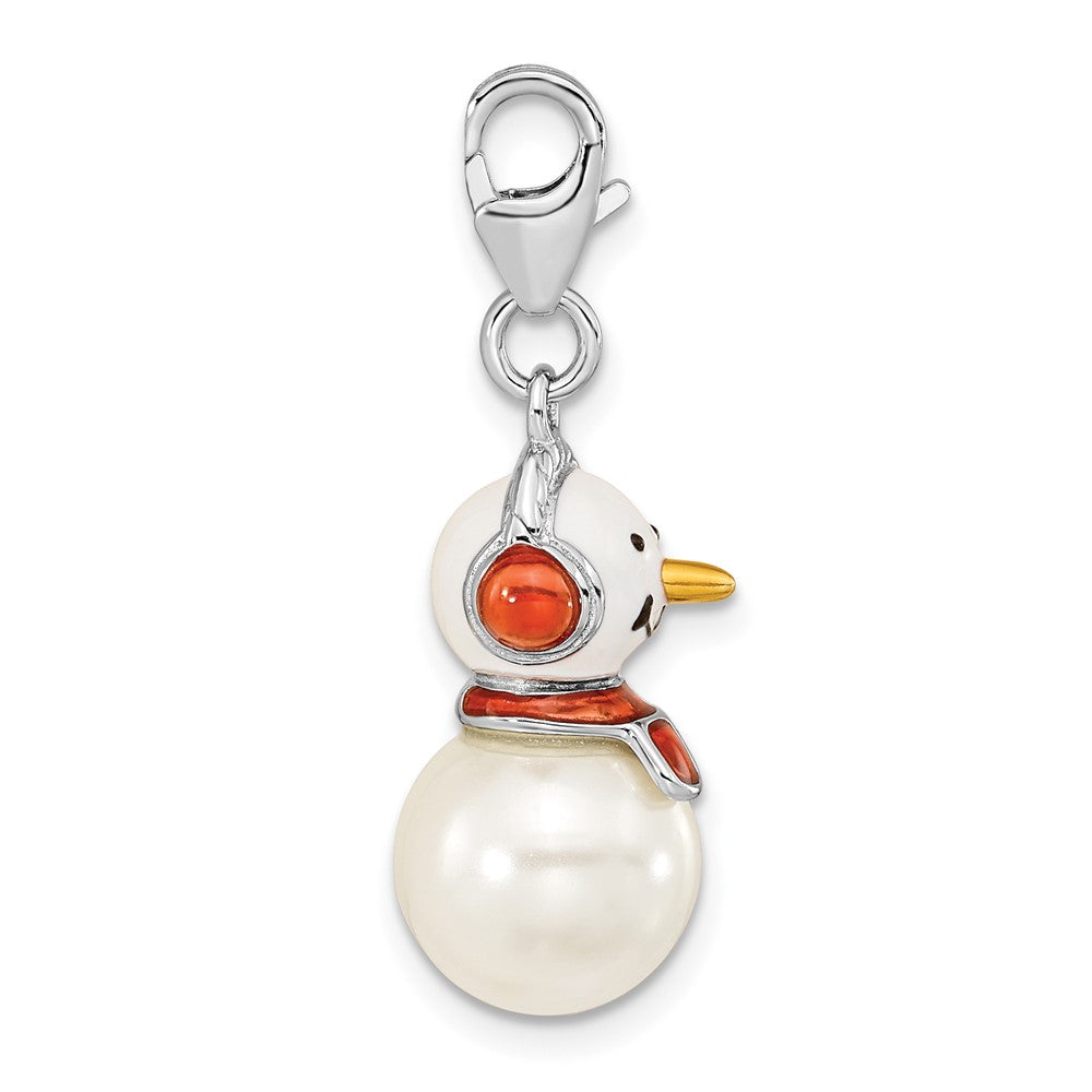 Amore La Vita Sterling Silver Rhodium-plated Polished 3-D Mother of Pearl and Enameled Snowman Charm with Fancy Lobster Clasp QCC1256