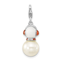 Amore La Vita Sterling Silver Rhodium-plated Polished 3-D Mother of Pearl and Enameled Snowman Charm with Fancy Lobster Clasp QCC1256
