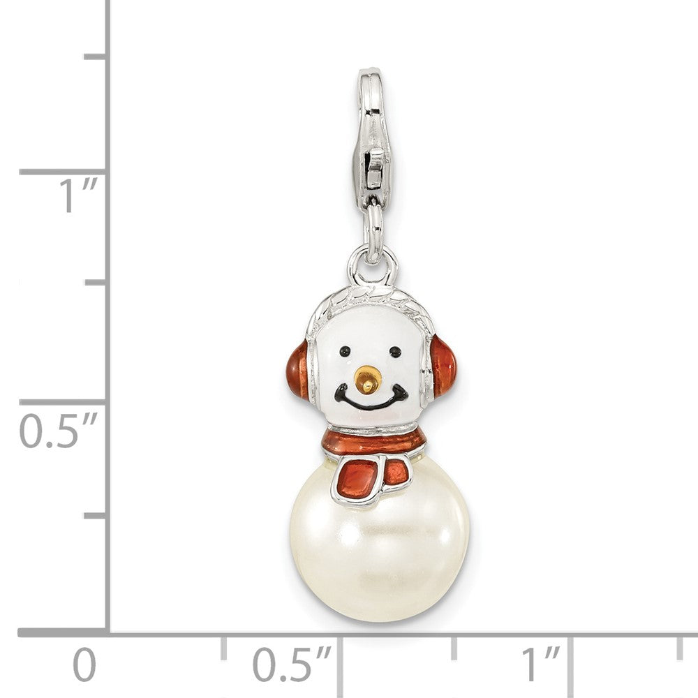 Amore La Vita Sterling Silver Rhodium-plated Polished 3-D Mother of Pearl and Enameled Snowman Charm with Fancy Lobster Clasp QCC1256