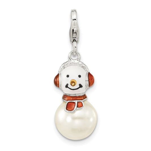 Amore La Vita Sterling Silver Rhodium-plated Polished 3-D Mother of Pearl and Enameled Snowman Charm with Fancy Lobster Clasp QCC1256
