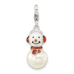 Amore La Vita Sterling Silver Rhodium-plated Polished 3-D Mother of Pearl and Enameled Snowman Charm with Fancy Lobster Clasp QCC1256
