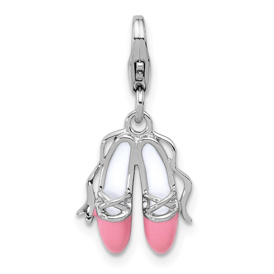 Amore La Vita Sterling Silver Rhodium-plated Pink and White Enameled Ballet Shoes Charm with Fancy Lobster QCC1285