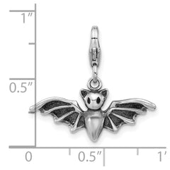 Amore La Vita Sterling Silver Rhodium-plated 3-D Antiqued Bat with Wings Spread Out Charm with Fancy Lobster Clasp QCC1294