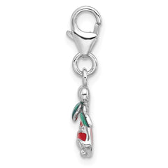 Amore La Vita Sterling Silver Rhodium-plated Red Enameled Christmas Bells with Green Enameled Leaves on Top Charm with Fancy Lobster Clasp QCC1297
