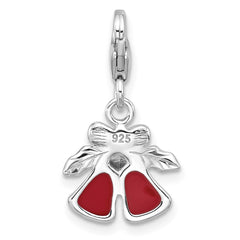 Amore La Vita Sterling Silver Rhodium-plated Red Enameled Christmas Bells with Green Enameled Leaves on Top Charm with Fancy Lobster Clasp QCC1297