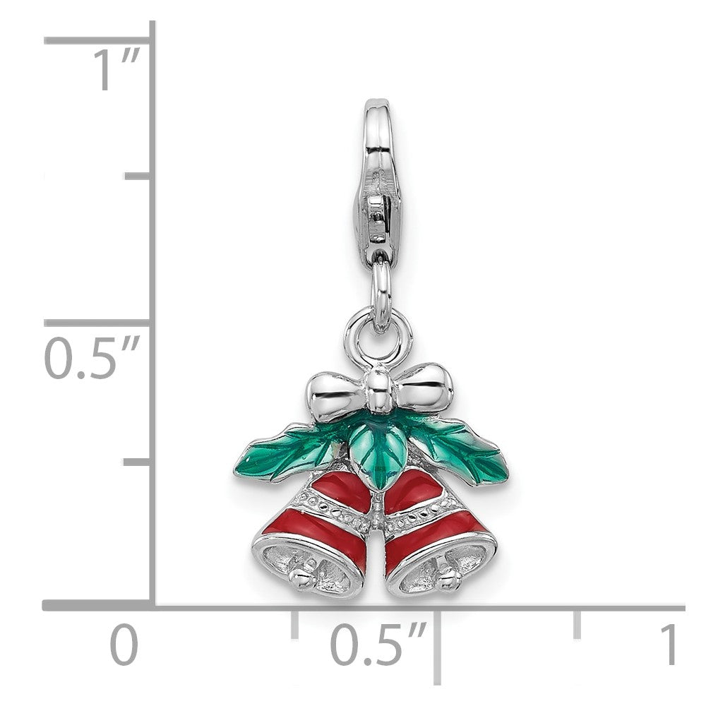 Amore La Vita Sterling Silver Rhodium-plated Red Enameled Christmas Bells with Green Enameled Leaves on Top Charm with Fancy Lobster Clasp QCC1297