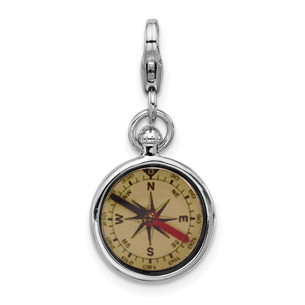 Amore La Vita Sterling Silver Rhodium-plated 3-D Reversible Black/Red and White Enameled Compass Charm with Fancy Lobster Clasp QCC1303