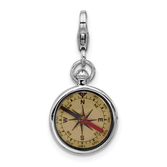 Amore La Vita Sterling Silver Rhodium-plated 3-D Reversible Black/Red and White Enameled Compass Charm with Fancy Lobster Clasp QCC1303