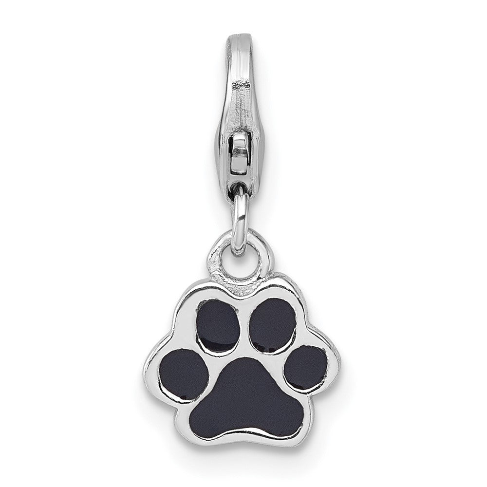 Sterling Silver Amore La Vita Rhodium-plated Polished with Black Enamel Paw Print with Lobster Clasp Charm QCC1309