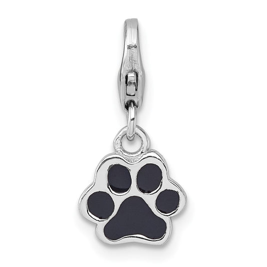 Sterling Silver Amore La Vita Rhodium-plated Polished with Black Enamel Paw Print with Lobster Clasp Charm QCC1309