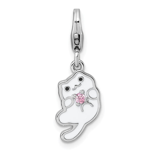 Sterling Silver Amore La Vita Rhodium-plated White Enameled Cat with Pink CZ Charm with Lobster Clasp QCC1310
