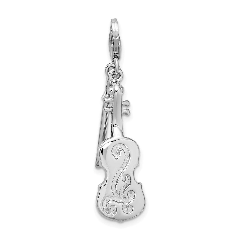 Amore La Vita Sterling Silver Rhodium-plated Polished 3-D Violin with Antiqued Bow Charm with Fancy Lobster Clasp QCC291
