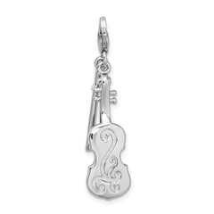 Amore La Vita Sterling Silver Rhodium-plated Polished 3-D Violin with Antiqued Bow Charm with Fancy Lobster Clasp QCC291