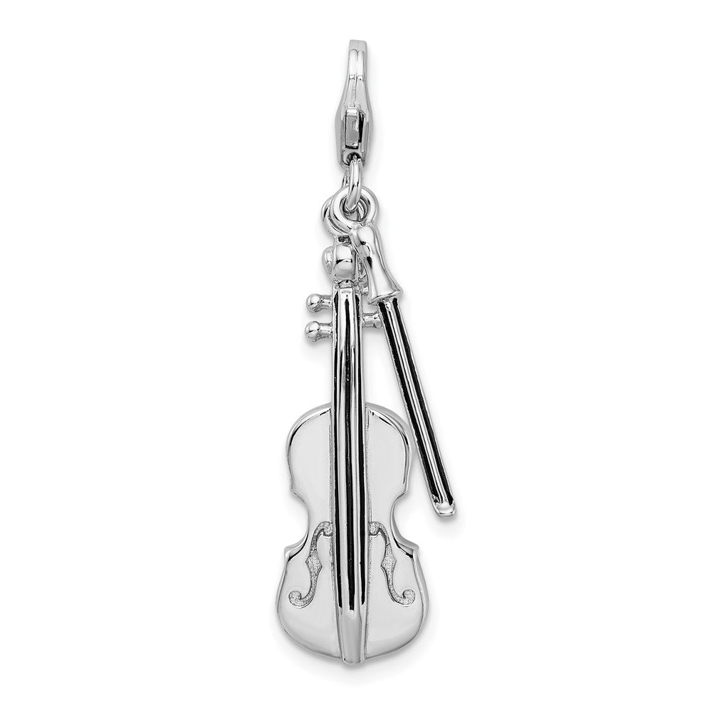 Amore La Vita Sterling Silver Rhodium-plated Polished 3-D Violin with Antiqued Bow Charm with Fancy Lobster Clasp QCC291