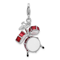 Amore La Vita Sterling Silver Rhodium-plated Polished 3-D Enameled Drum Set Charm with Fancy Lobster Clasp QCC293