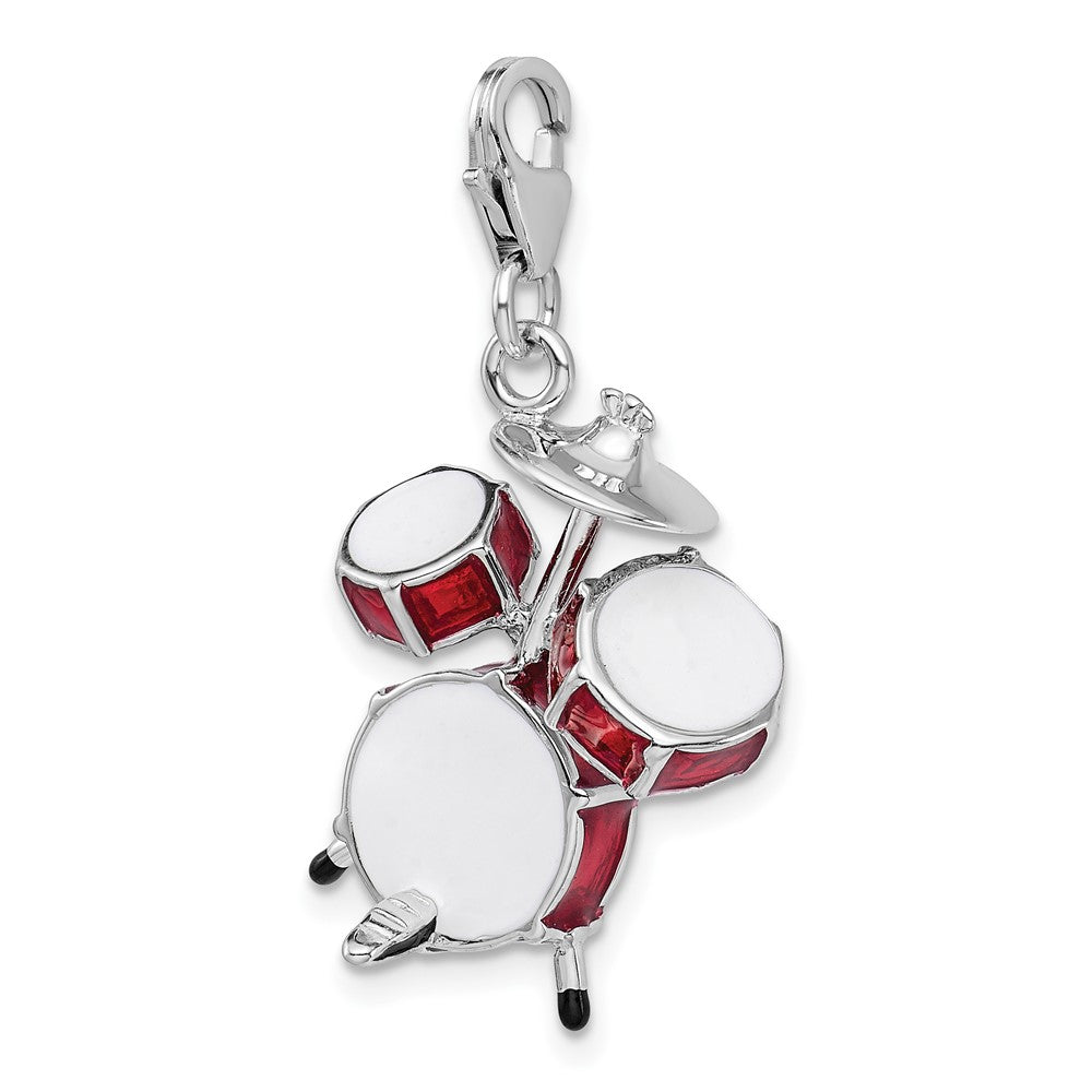 Amore La Vita Sterling Silver Rhodium-plated Polished 3-D Enameled Drum Set Charm with Fancy Lobster Clasp QCC293
