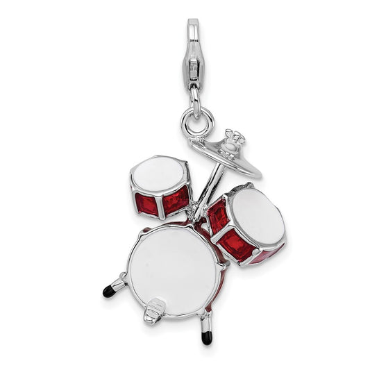 Amore La Vita Sterling Silver Rhodium-plated Polished 3-D Enameled Drum Set Charm with Fancy Lobster Clasp QCC293