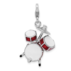 Amore La Vita Sterling Silver Rhodium-plated Polished 3-D Enameled Drum Set Charm with Fancy Lobster Clasp QCC293