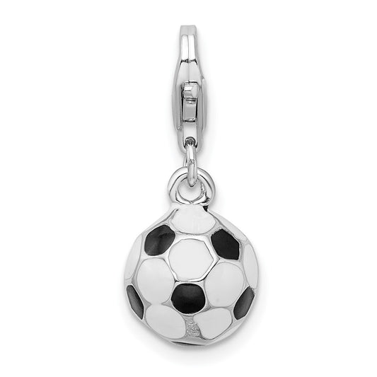 Amore La Vita Sterling Silver Rhodium-plated Polished 3-D Enameled Small Soccer Ball Charm with Fancy Lobster Clasp QCC299