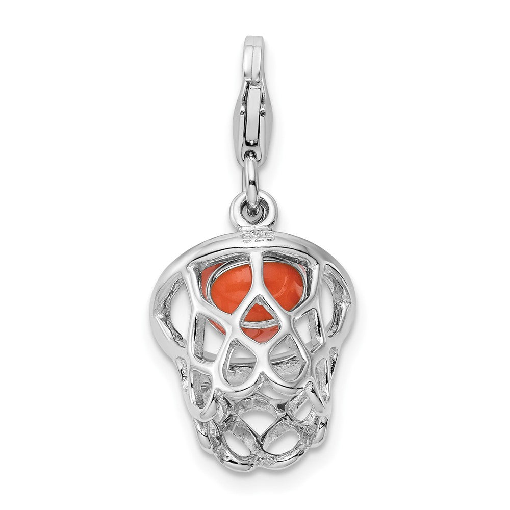 Amore La Vita Sterling Silver Rhodium-plated Polished 3-D Moveable Enameled Basketball in Net Charm with Fancy Lobster Clasp QCC303