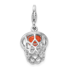 Amore La Vita Sterling Silver Rhodium-plated Polished 3-D Moveable Enameled Basketball in Net Charm with Fancy Lobster Clasp QCC303