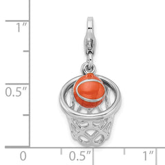 Amore La Vita Sterling Silver Rhodium-plated Polished 3-D Moveable Enameled Basketball in Net Charm with Fancy Lobster Clasp QCC303