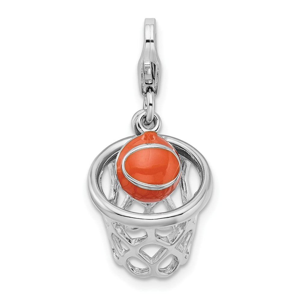 Amore La Vita Sterling Silver Rhodium-plated Polished 3-D Moveable Enameled Basketball in Net Charm with Fancy Lobster Clasp QCC303