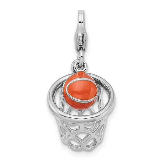 Amore La Vita Sterling Silver Rhodium-plated Polished 3-D Moveable Enameled Basketball in Net Charm with Fancy Lobster Clasp QCC303