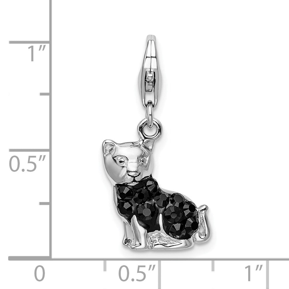 Amore La Vita Sterling Silver Rhodium-plated Polished Enameled Swarovski Crystal Black Cat Charm with Fancy Lobster Clasp QCC388