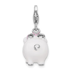 Amore La Vita Sterling Silver Rhodium-plated Polished 3-D Enameled Pig Charm with Fancy Lobster Clasp QCC394