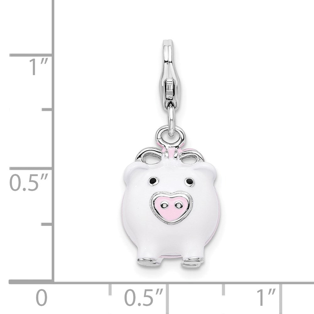 Amore La Vita Sterling Silver Rhodium-plated Polished 3-D Enameled Pig Charm with Fancy Lobster Clasp QCC394