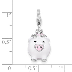Amore La Vita Sterling Silver Rhodium-plated Polished 3-D Enameled Pig Charm with Fancy Lobster Clasp QCC394