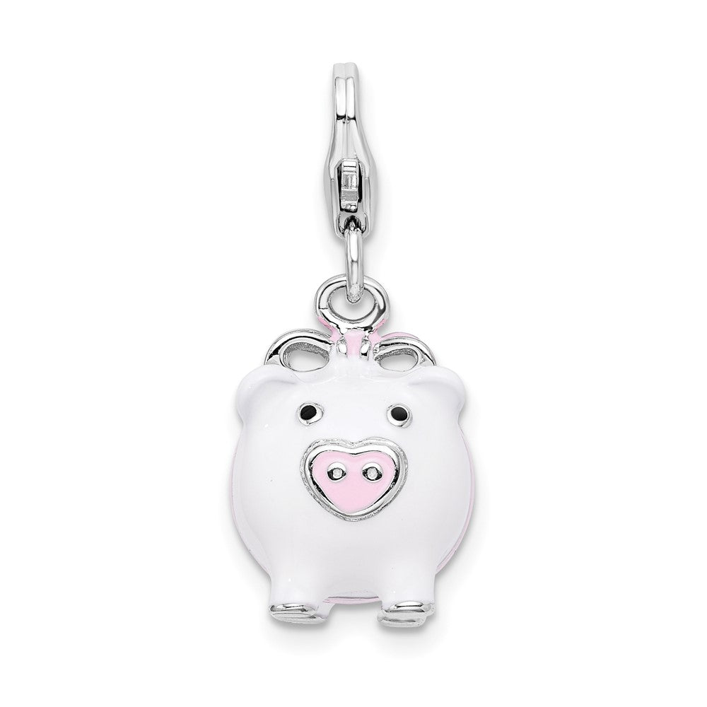 Amore La Vita Sterling Silver Rhodium-plated Polished 3-D Enameled Pig Charm with Fancy Lobster Clasp QCC394